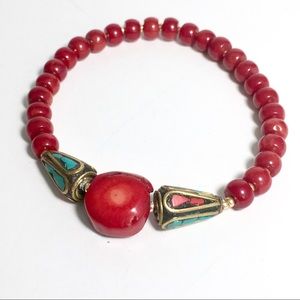 Red Coral Nepalese Bead Stretch Bracelet